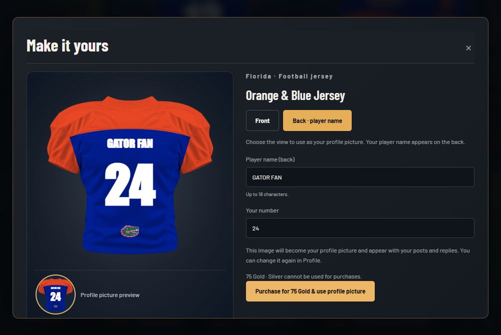 Current jersey customization tool showing GATOR FAN and number 24 on the back of a Florida jersey.