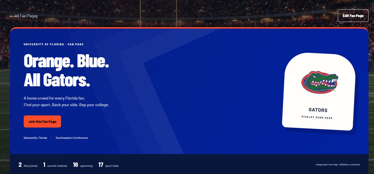 The current Florida Fan Page with orange and blue branding, Gators logo, upcoming Rivalries and sport hubs.