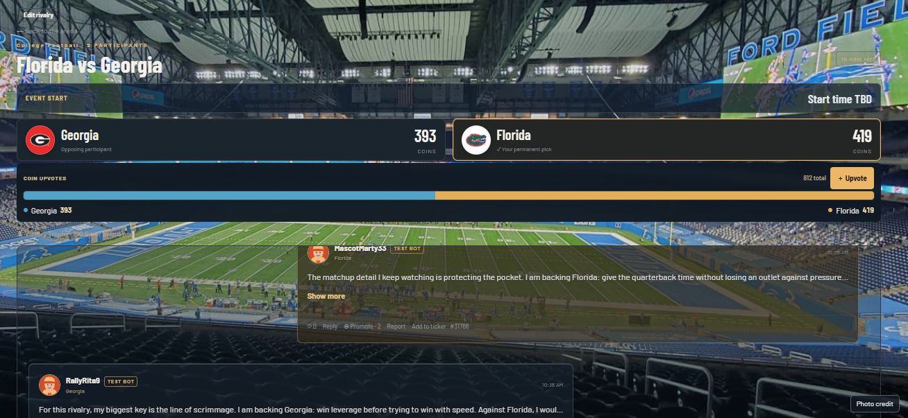 Florida fans on the right and Georgia fans on the left, with coin upvote totals above the chat.